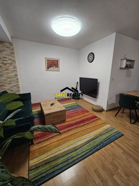 A living room in a 3-room apartment with a colorful carpet and a wooden decor floor.