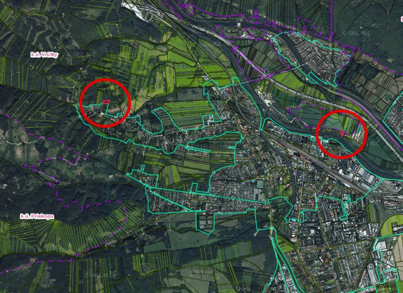The map shows agricultural and forest lands in the area of Vrútky.
