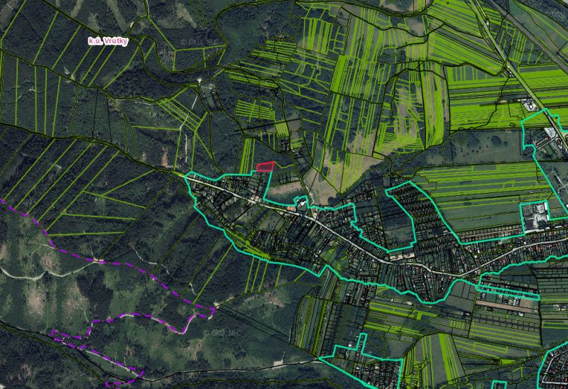 Aerial view of agricultural and forest lands around the town of Vrútky.