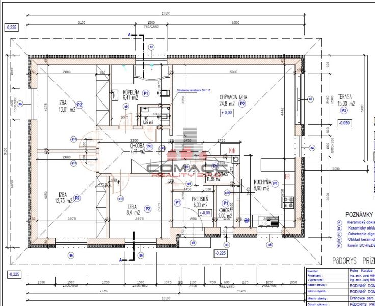 Ground floor layout of a family house with rooms, kitchen, and terrace.