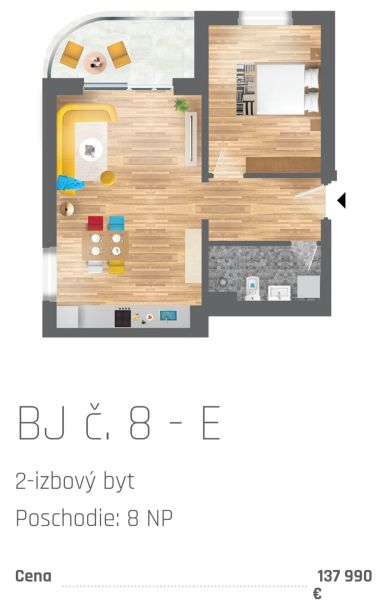 A 2-room apartment with a wooden decor floor and a balcony.