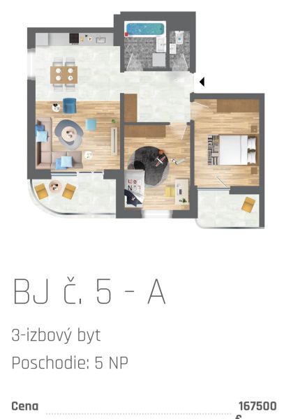 Floor plan of a 3-room apartment with wood-patterned flooring and a balcony.