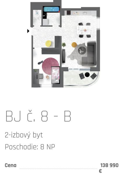 Floor plan of a 2-room apartment with a living room, kitchen, balcony, and bathroom.