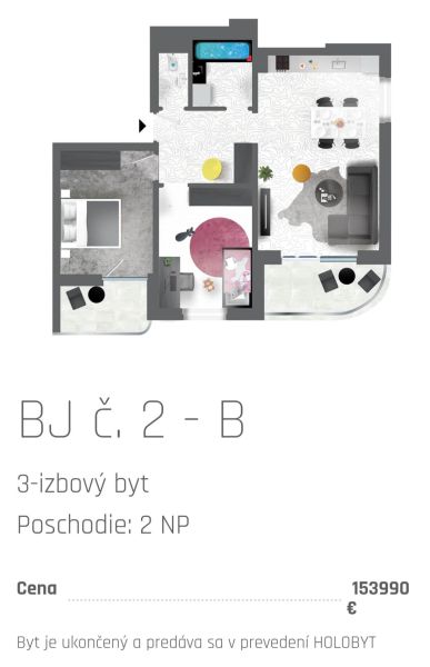 Floor plan of a 3-room apartment with furnishings, kitchen, living room, and bathroom.