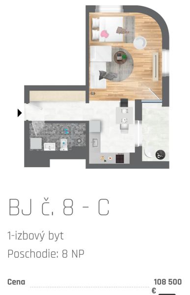 Floor plan of a 1-room apartment with wood-patterned flooring, a kitchen, and a bathroom.