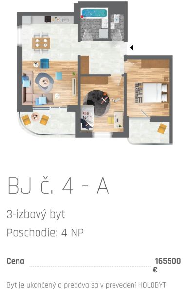 Floor plan of a 3-room apartment with wood-patterned flooring and furnishings.