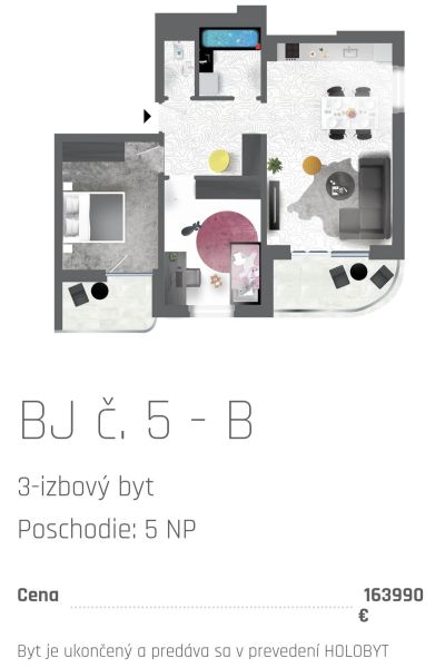 Floor plan of a 3-room apartment with modern furniture and equipment, price 163,990 €.
