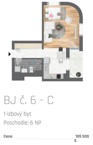 Floor plan of a 1-bedroom apartment with wood-patterned flooring and an equipped kitchen.