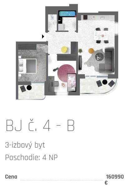 Floor plan of a 3-room apartment with a spacious living room and a balcony, flooring with a wooden decor.