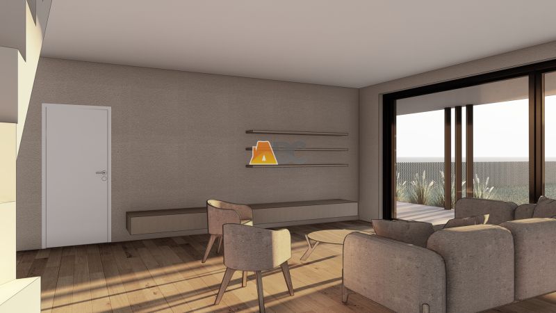 Interior with comfortable seating, shelves, and wood-patterned flooring, Plots - housing.