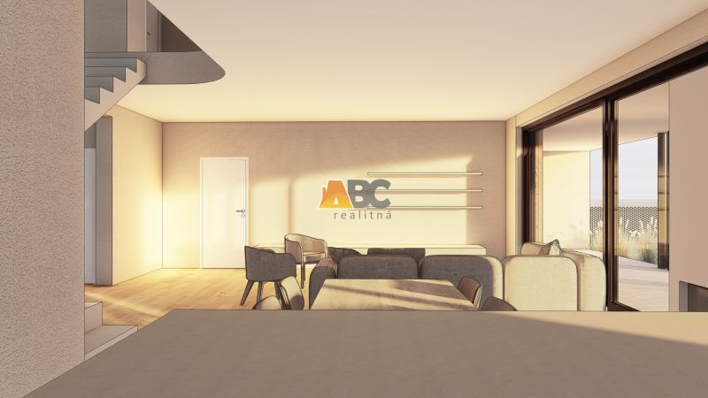 Interior with wood-patterned flooring, stairs, and spacious windows. Property - housing.