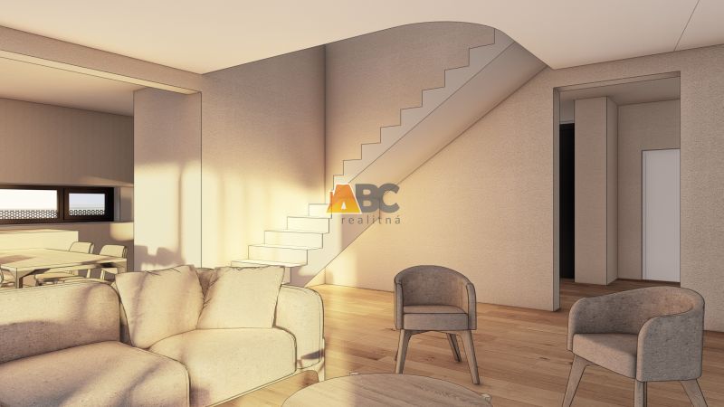 Living room with wood-patterned flooring, staircase, and comfortable seating.