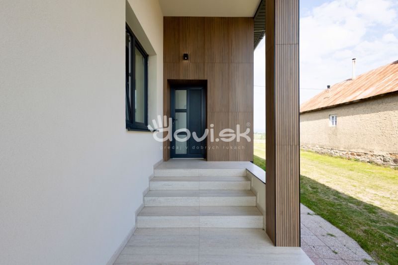 Entrance area in a family house in Zemplínska Široká with a wooden facade decor.