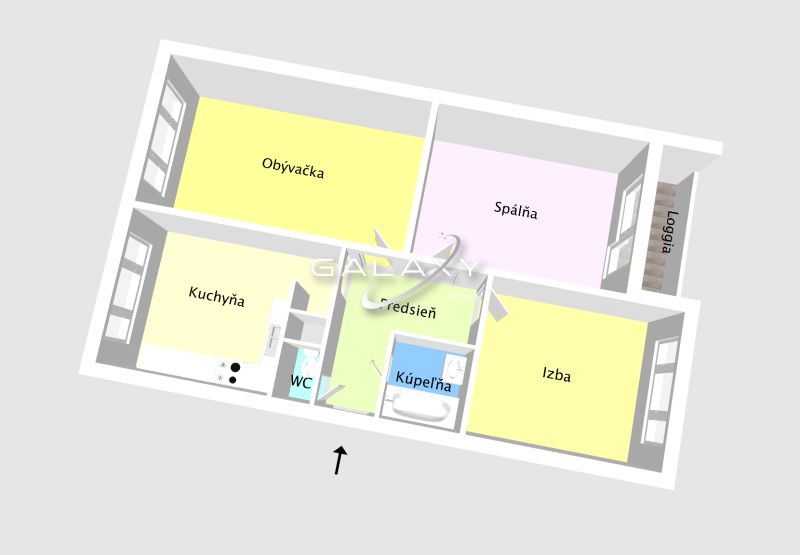 Floor plan of a 3-room apartment with a kitchen, bathroom, and loggia.