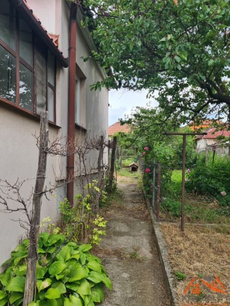 A garden next to a family house in Dulovce with a walkway and plants.