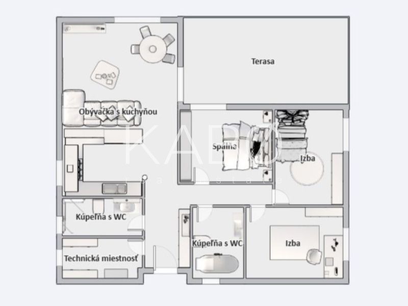 Floor plan of a family house with a terrace, kitchen, bedroom, and bathrooms.