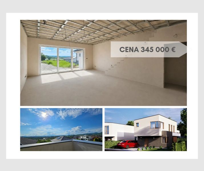Interior of a family house with large windows and a view of Prešov. Price: €345,000.