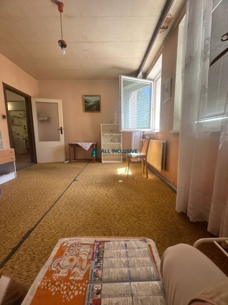 Living room in a two-room apartment with a carpet, open window, furniture, and paintings.