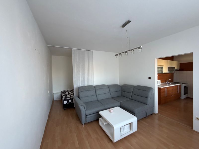 A stylish living room in a 3-room apartment with a wooden decor floor.