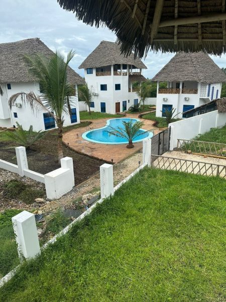 Family houses in Zanzibar with a pool, palm trees, and a lawn create a tropical atmosphere.