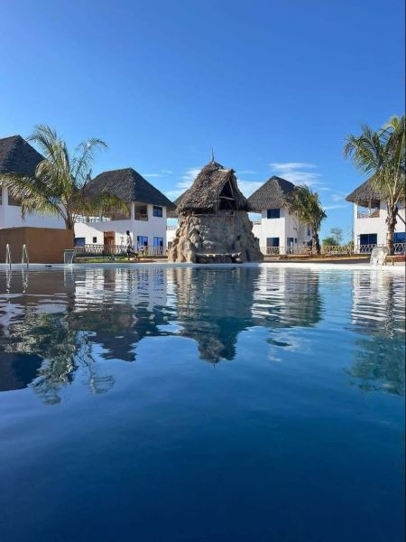A family house in Zanzibar surrounded by palm trees by the pool under the blue sky.