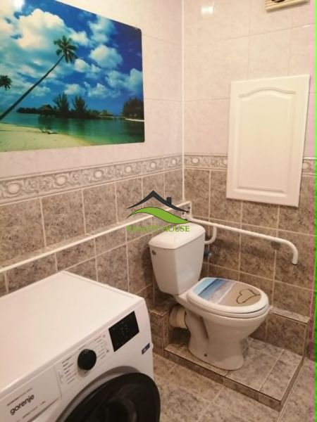 Bathroom with toilet and washing machine in a 3-room apartment, decorative painting on the wall.