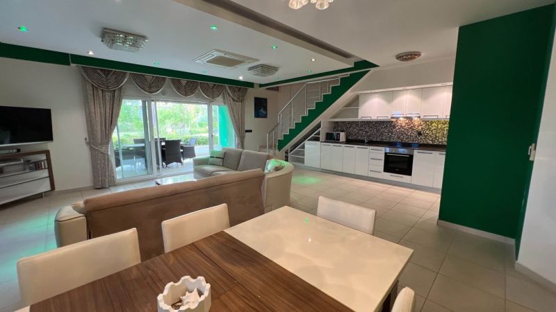 Spacious living area with kitchen and dining room, unique properties, comfortable seating.