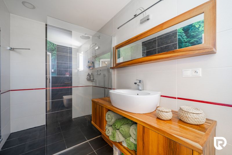 A bathroom with a spacious shower and a wooden cabinet in a family house.