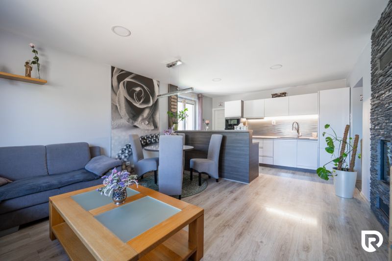 Living room in a family house with a kitchen and a wooden decor floor.