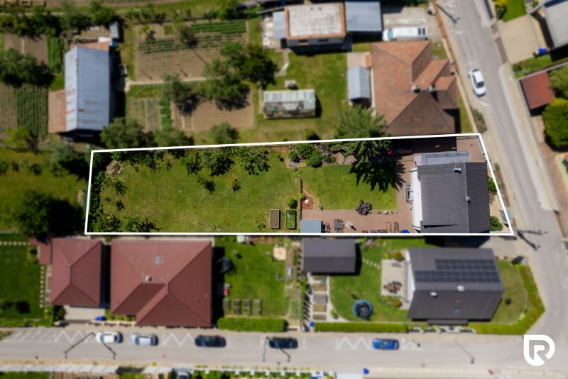 Aerial view of the garden and family house on Jahodova Street in Trencin.