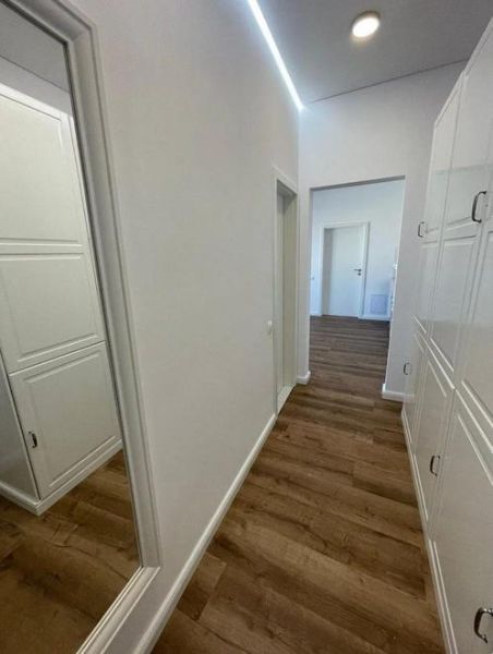 A hallway with a wooden decor floor in a 3-room apartment with built-in wardrobes.