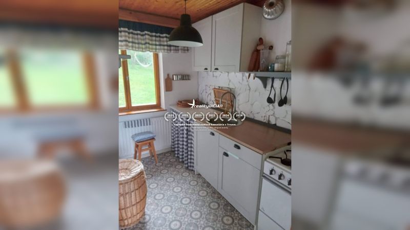 A compact kitchen in a family house with retro decor and a wooden ceiling.