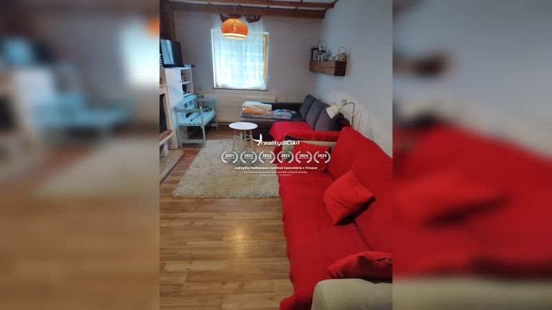 Living room in a family house with a wooden decor floor and a red sofa.