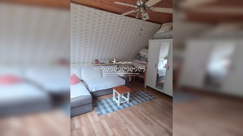 Attic room in a family house with a sofa, carpet, and wooden decor flooring.