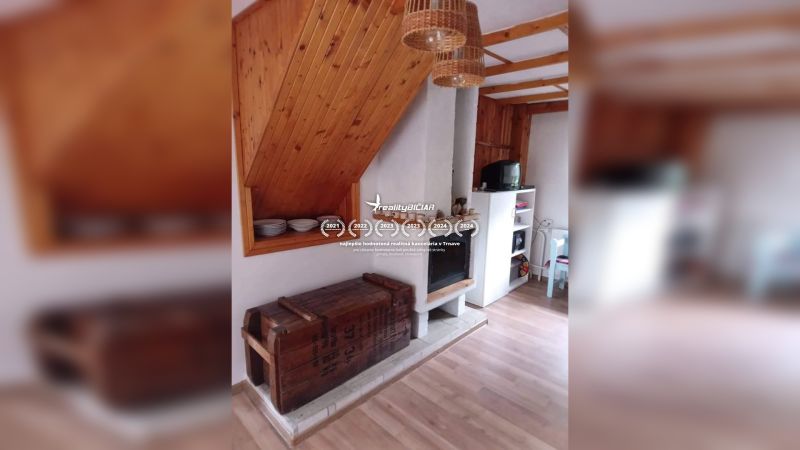 Interior of a family house with a fireplace, wooden decor flooring, and storage space.