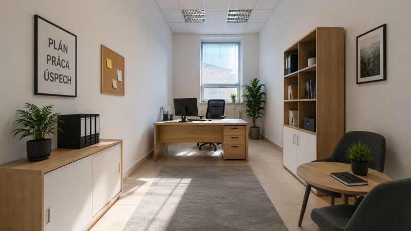 A bright office with wooden furniture, a carpet, plants, and a motivational quote on the wall.