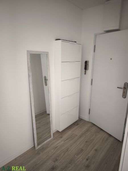 Entrance hallway with white furniture and wood-patterned flooring in a 2-room apartment.