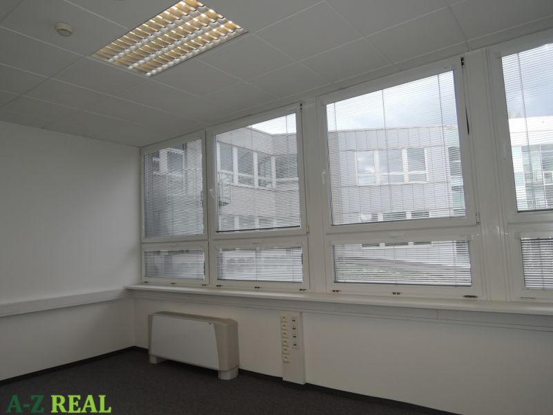 Offices with large windows and blinds, white walls, and gray carpet.