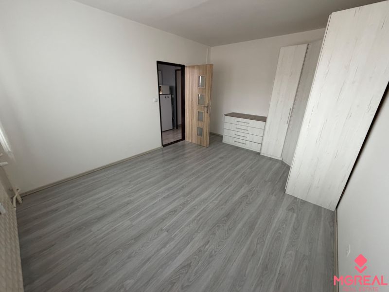 A room with a wooden decor floor, wardrobes, and a dresser in a studio apartment.