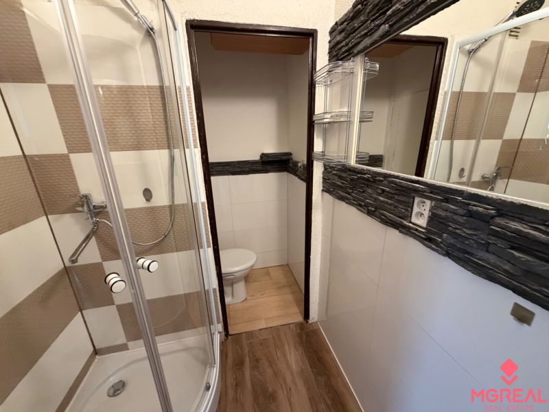 A compact bathroom in a studio apartment with a wooden decor floor and a shower corner.