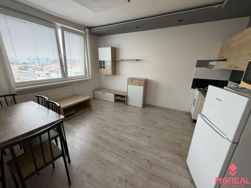 Living area of a studio apartment with a kitchenette and a floor with a wood decor.