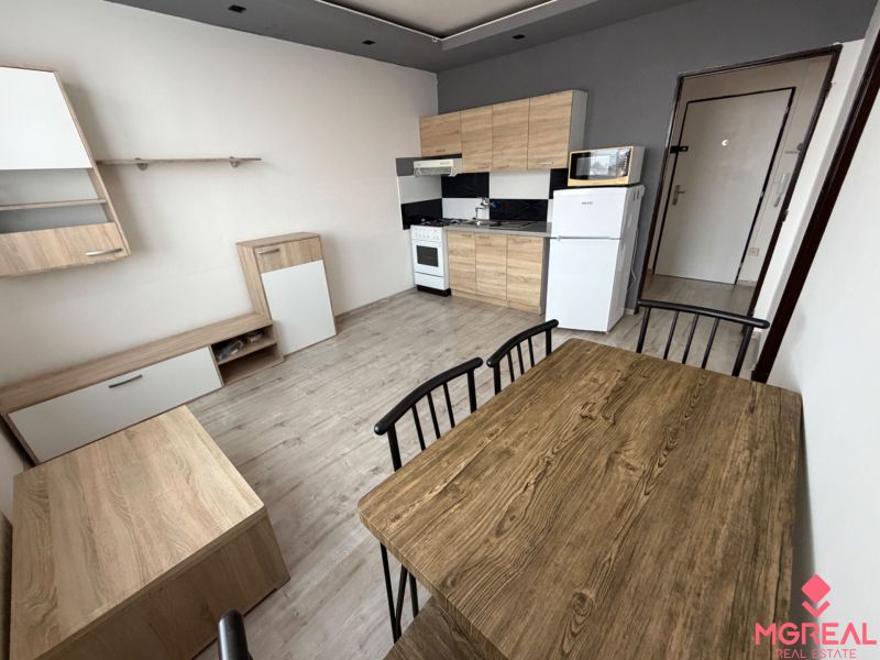 Kitchen and dining area with wood-patterned flooring in a studio apartment.
