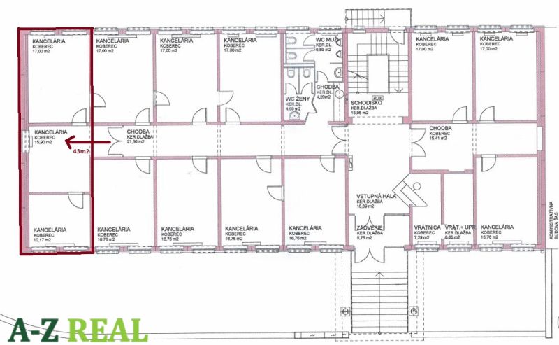 Floor plan of offices with carpet, layout of rooms and corridors.