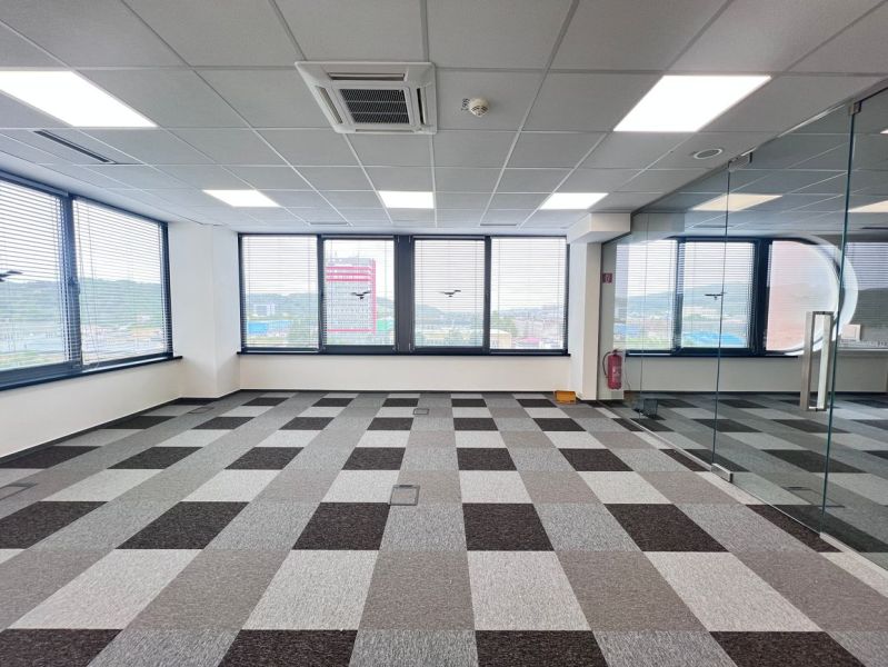 Spacious offices with carpeted floors, large windows, and glass walls.