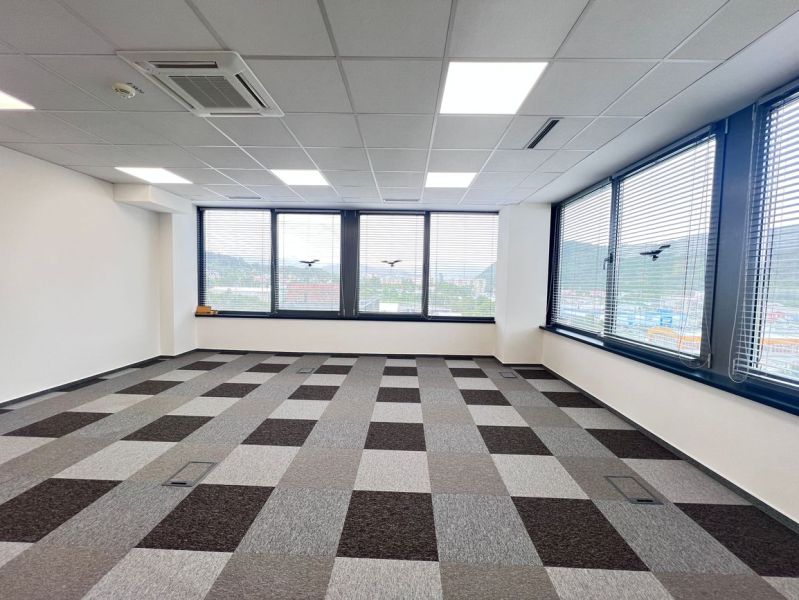 Spacious offices with patterned flooring, light, and a view of greenery.