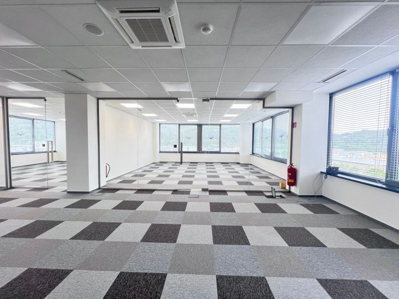 Empty office with carpet tiles and large windows.