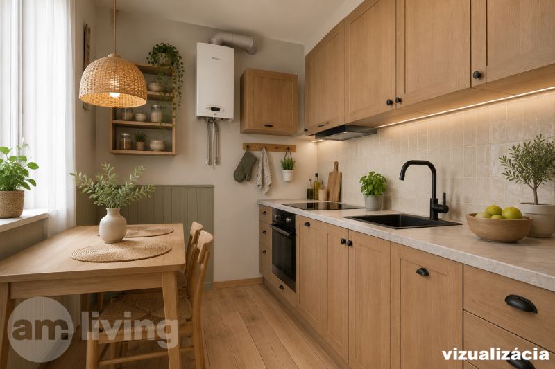 A kitchen in a 3-room apartment with wooden decor, minimalist interior, green plants.