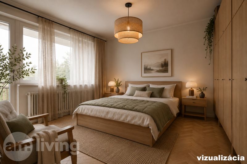 Bedroom with a comfortable bed, armchair, and wooden decor flooring in a 3-room apartment.