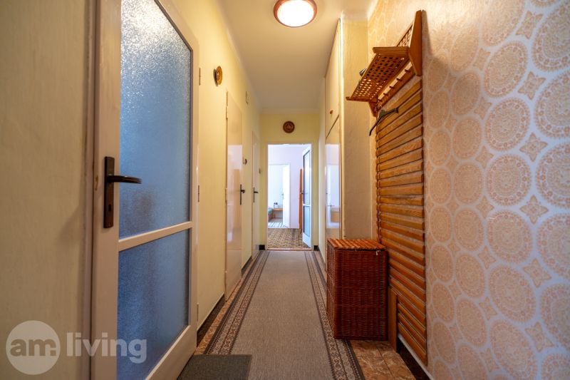 A hallway of a 3-room apartment with patterned wallpaper, a built-in wardrobe, and a carpet runner.