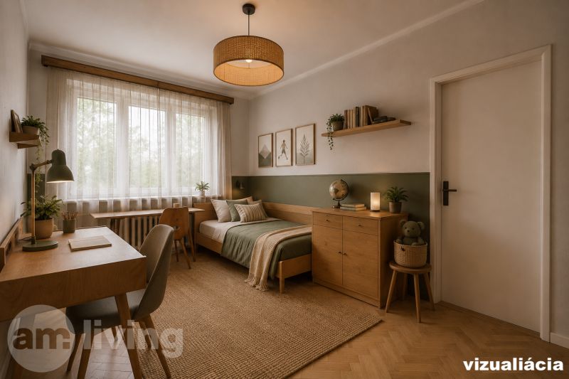 Children's room in a three-room apartment with a wooden decor floor, decorated with green accessories.